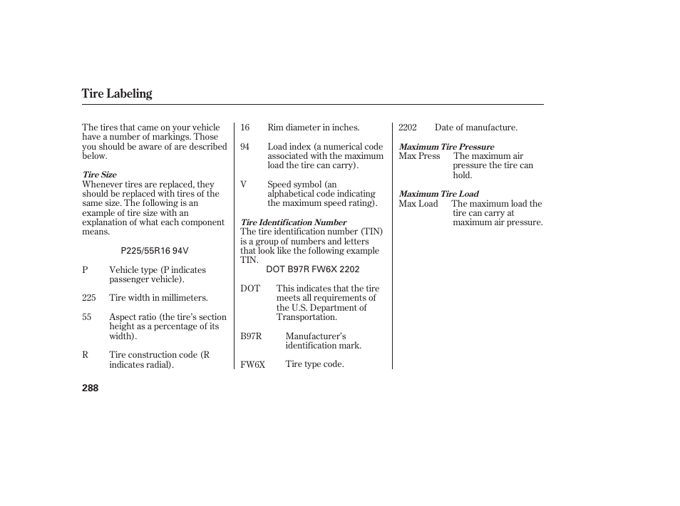 Tire labeling | Acura 2006 MDX - Owner's Manual User Manual | Page 289 / 311