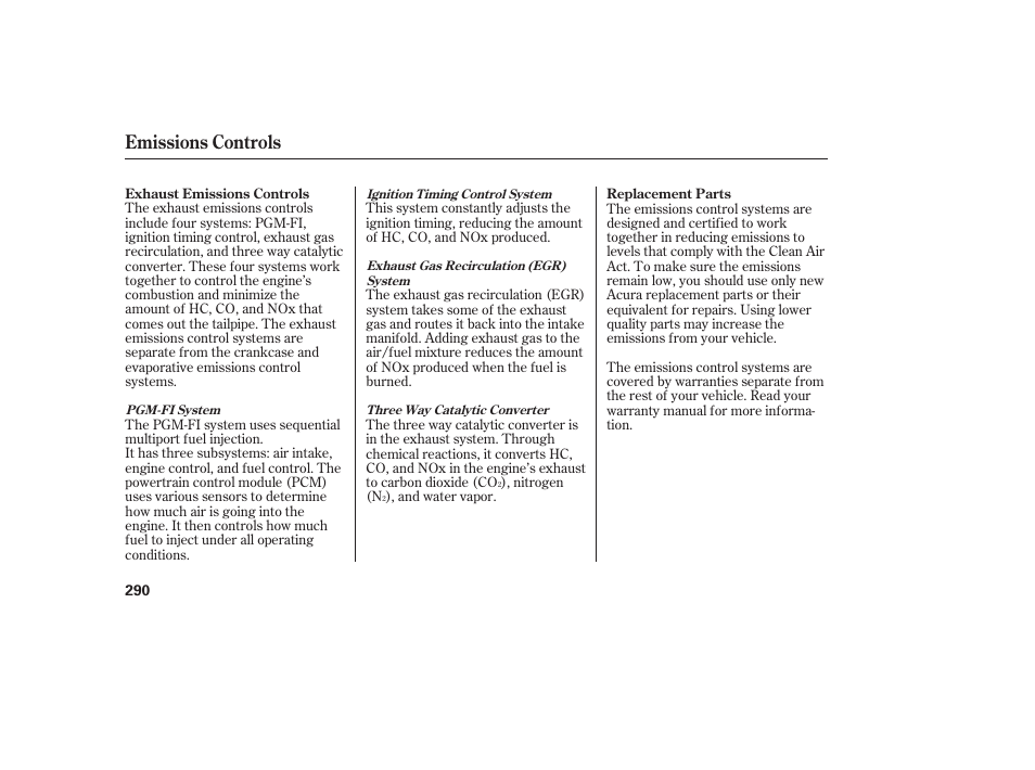 Emissions controls | Acura 2006 MDX - Owner's Manual User Manual | Page 291 / 311