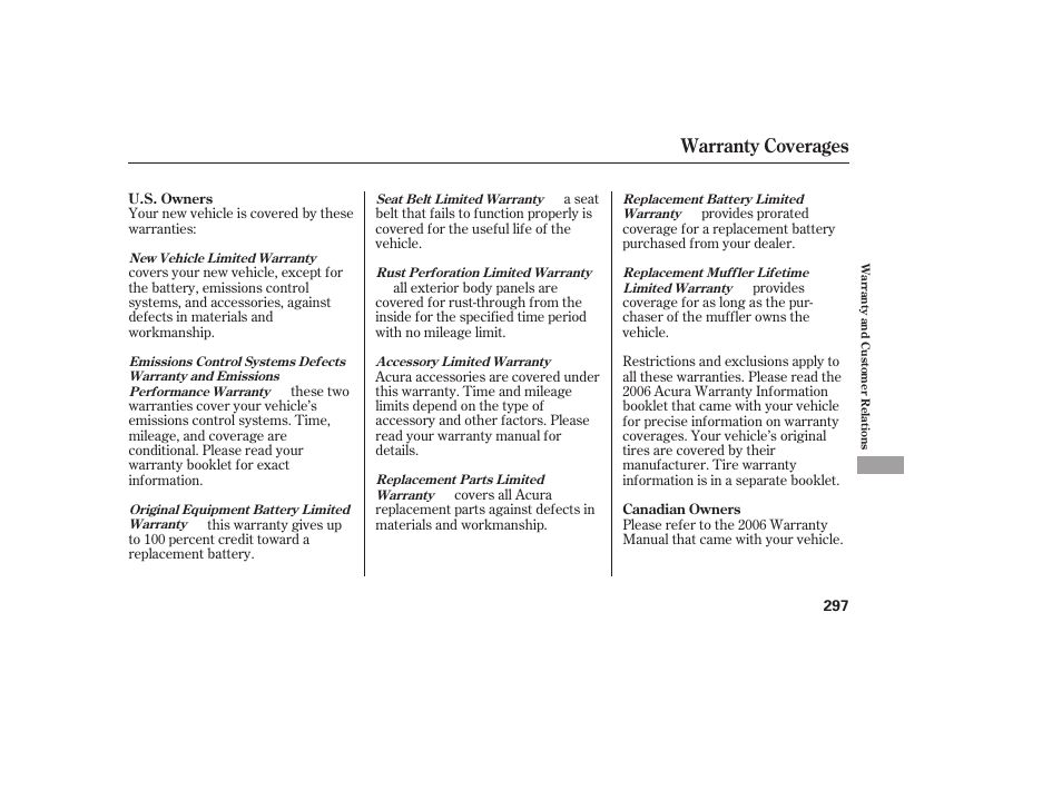 Warranty coverages | Acura 2006 MDX - Owner's Manual User Manual | Page 298 / 311