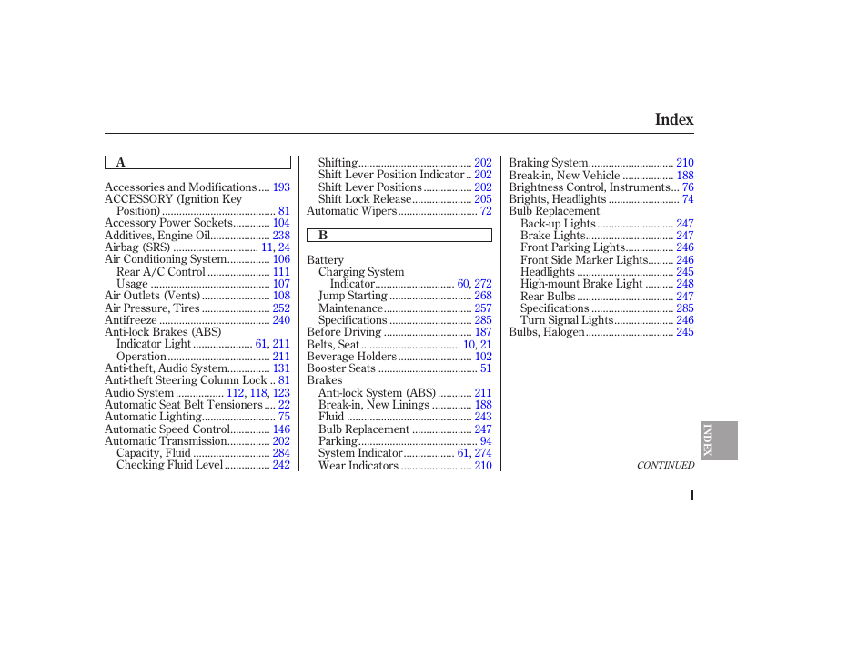 Index | Acura 2006 MDX - Owner's Manual User Manual | Page 302 / 311