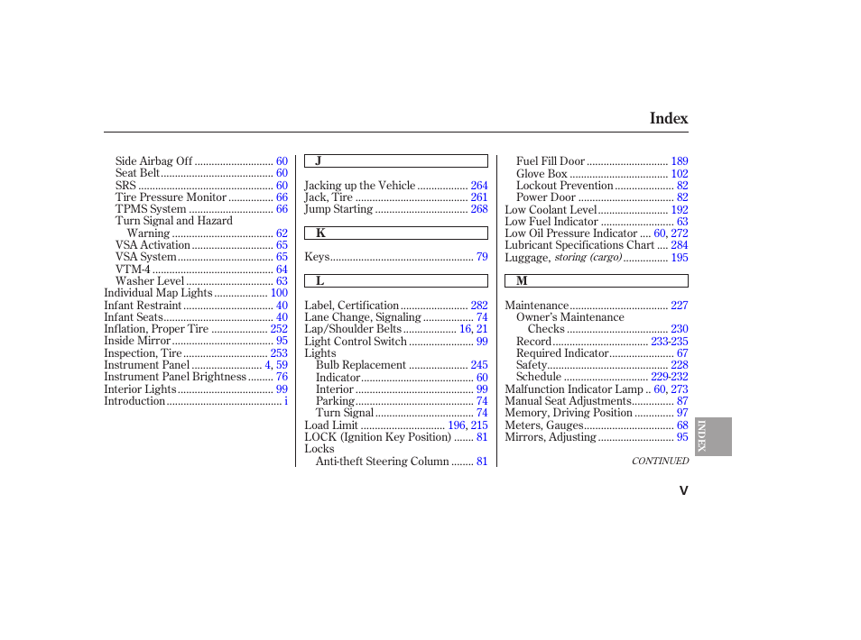 Index | Acura 2006 MDX - Owner's Manual User Manual | Page 306 / 311