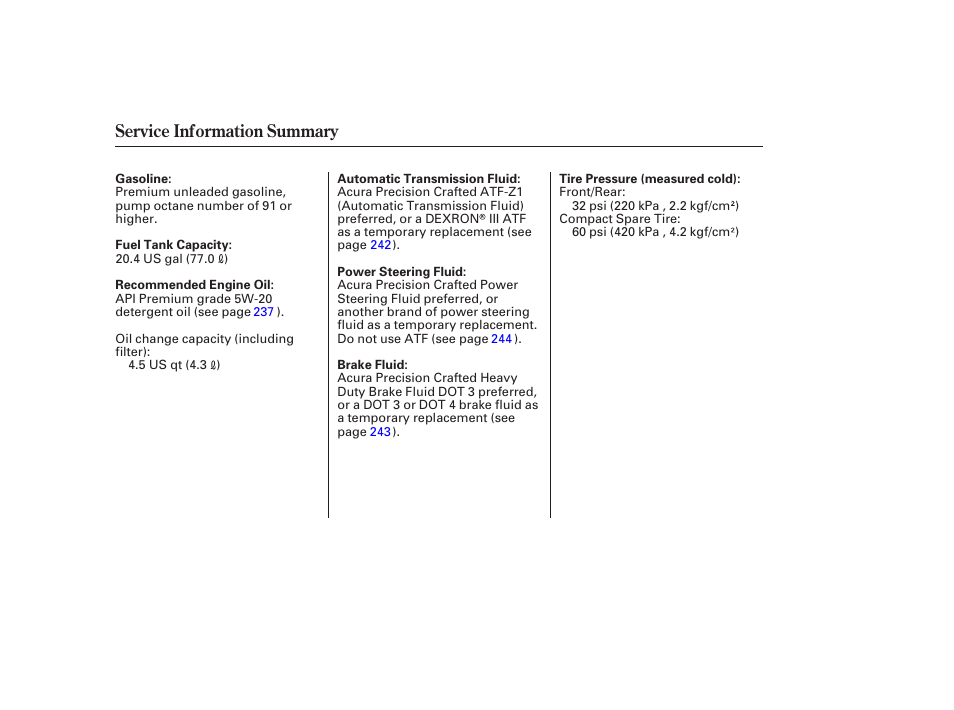 Service information summary | Acura 2006 MDX - Owner's Manual User Manual | Page 311 / 311