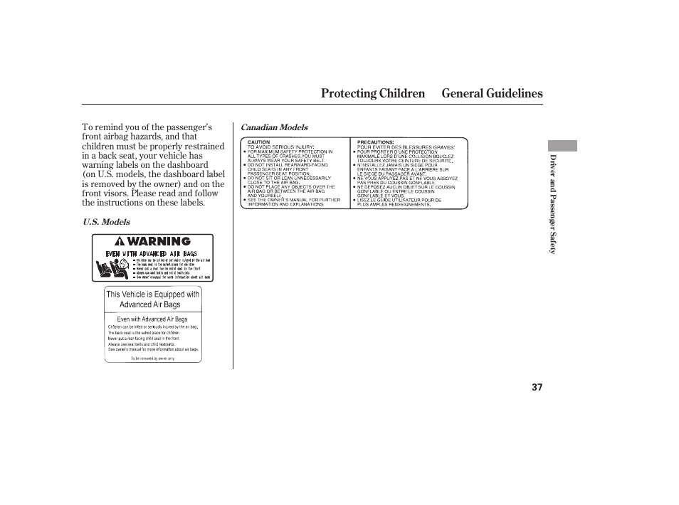 Protecting children general guidelines | Acura 2006 MDX - Owner's Manual User Manual | Page 38 / 311