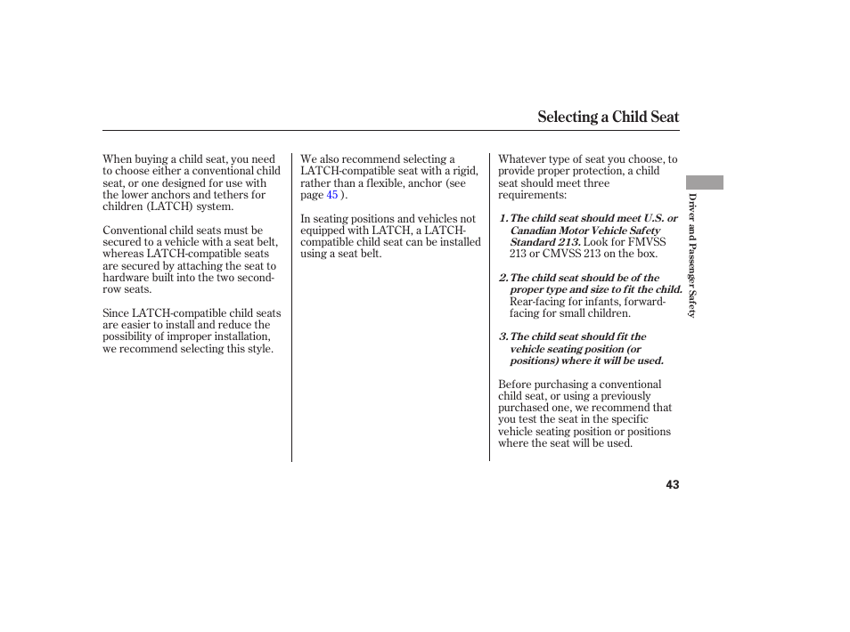 Selecting a child seat | Acura 2006 MDX - Owner's Manual User Manual | Page 44 / 311