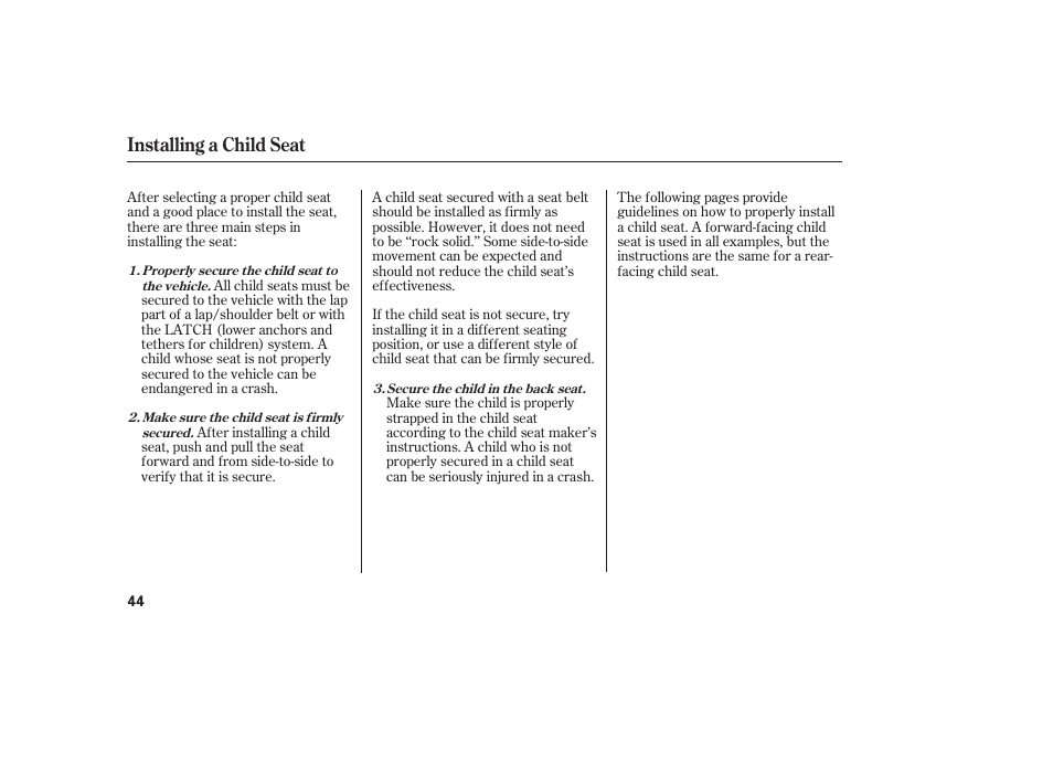 Installing a child seat | Acura 2006 MDX - Owner's Manual User Manual | Page 45 / 311