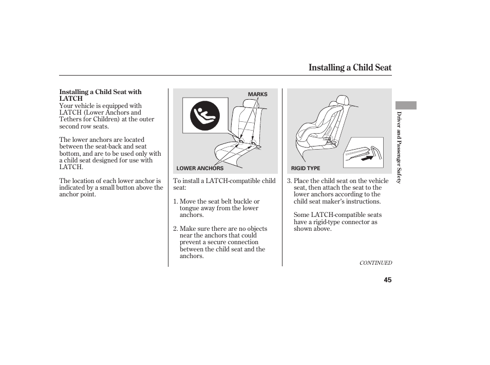 Installing a child seat | Acura 2006 MDX - Owner's Manual User Manual | Page 46 / 311