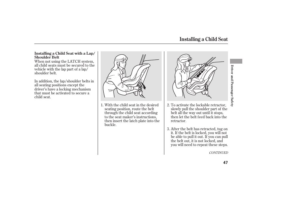 Installing a child seat | Acura 2006 MDX - Owner's Manual User Manual | Page 48 / 311
