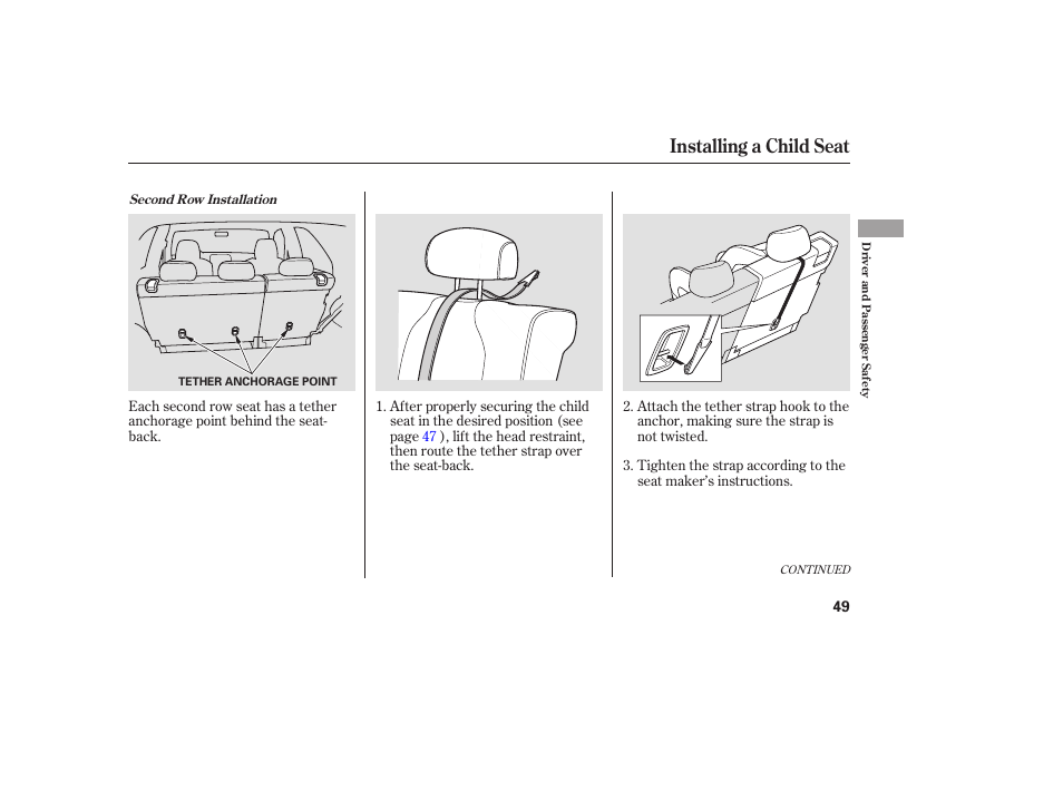 Installing a child seat | Acura 2006 MDX - Owner's Manual User Manual | Page 50 / 311