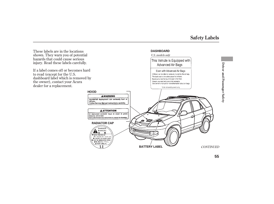 Safety labels | Acura 2006 MDX - Owner's Manual User Manual | Page 56 / 311