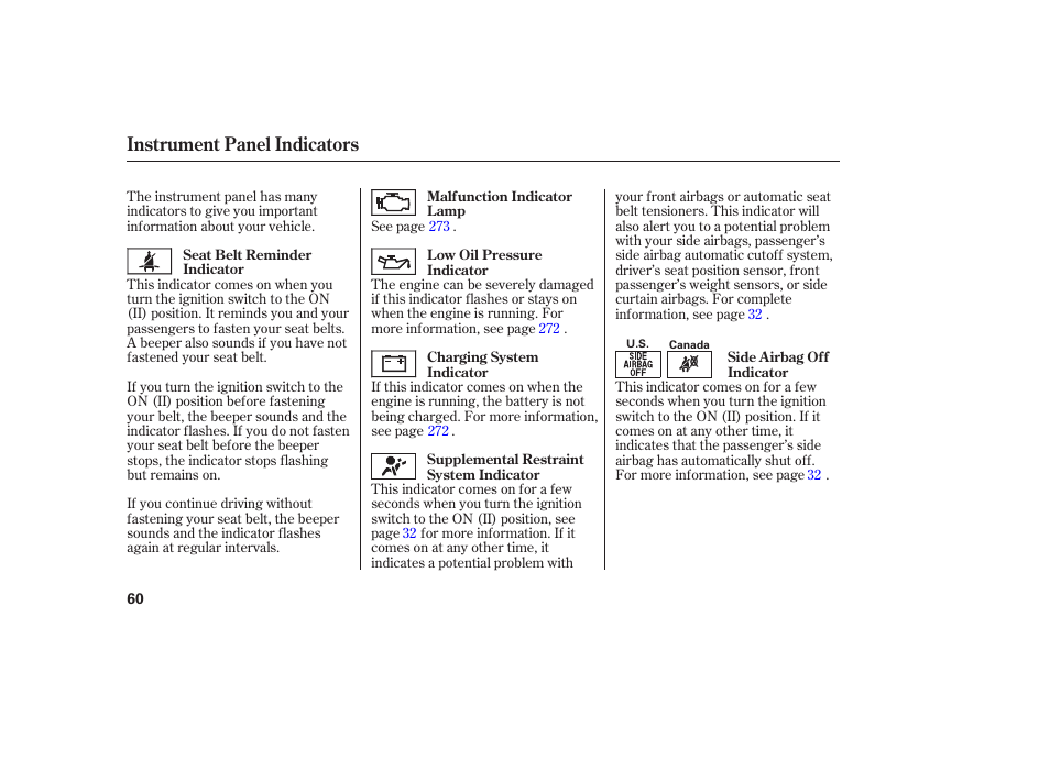 Instrument panel indicators | Acura 2006 MDX - Owner's Manual User Manual | Page 61 / 311