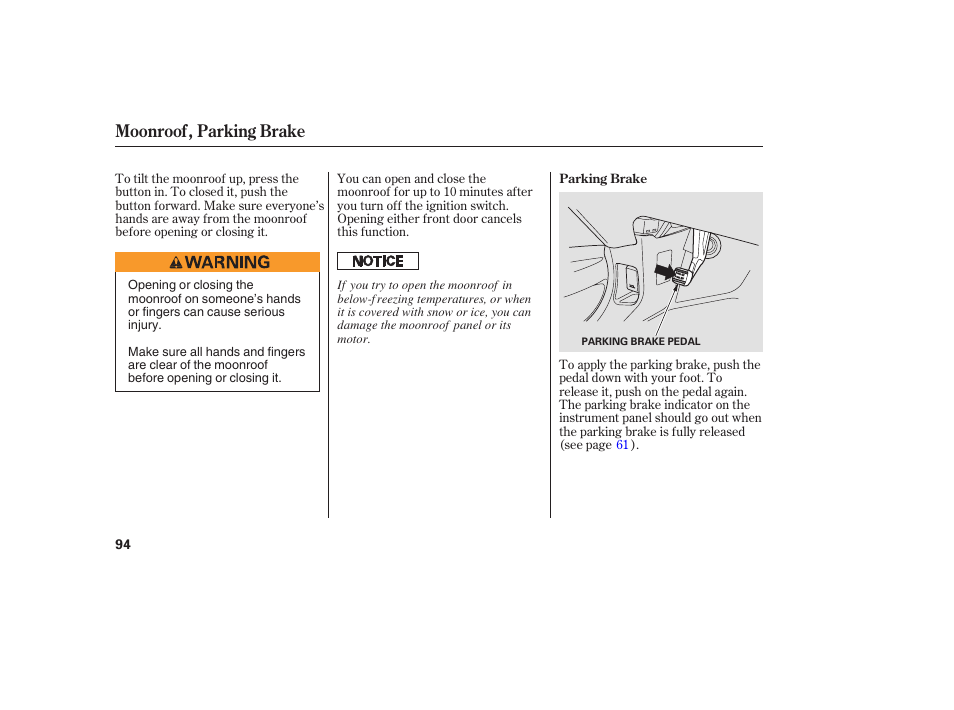 Moonroof, parking brake | Acura 2006 MDX - Owner's Manual User Manual | Page 95 / 311