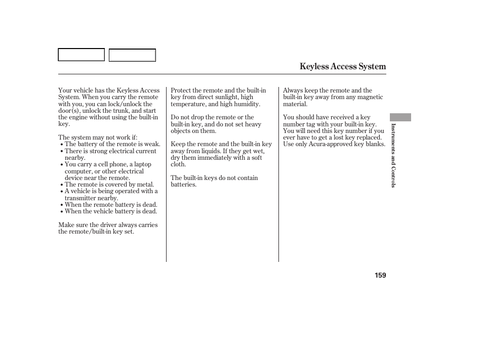 Keyless access system | Acura 2006 RL - Owner's Manual User Manual | Page 160 / 454