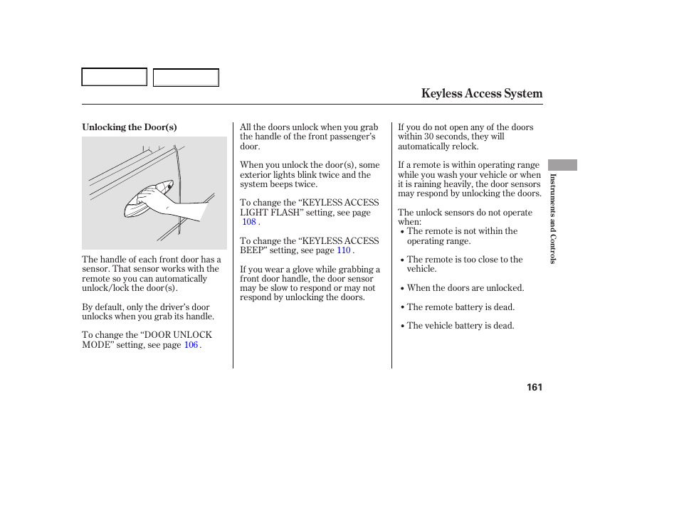 Keyless access system | Acura 2006 RL - Owner's Manual User Manual | Page 162 / 454