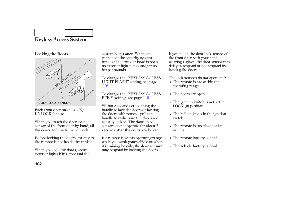Keyless access system | Acura 2006 RL - Owner's Manual User Manual | Page 163 / 454