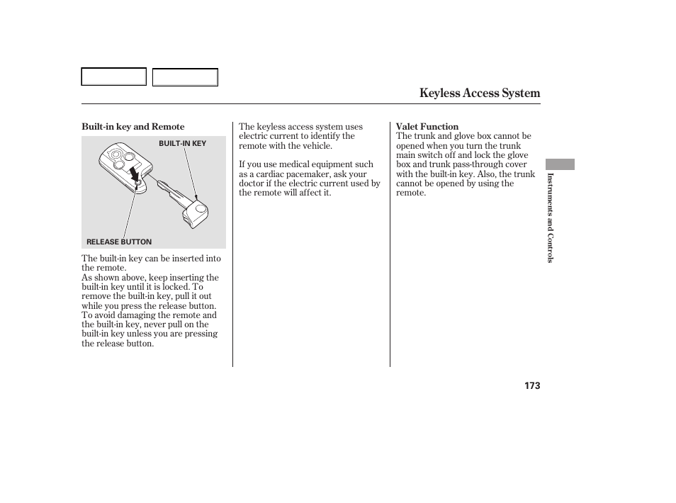 Keyless access system | Acura 2006 RL - Owner's Manual User Manual | Page 174 / 454