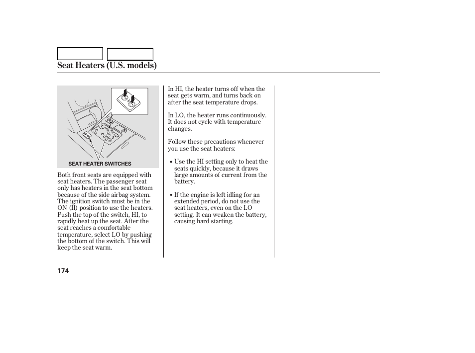 Seat heaters (u.s. models) | Acura 2006 RL - Owner's Manual User Manual | Page 175 / 454