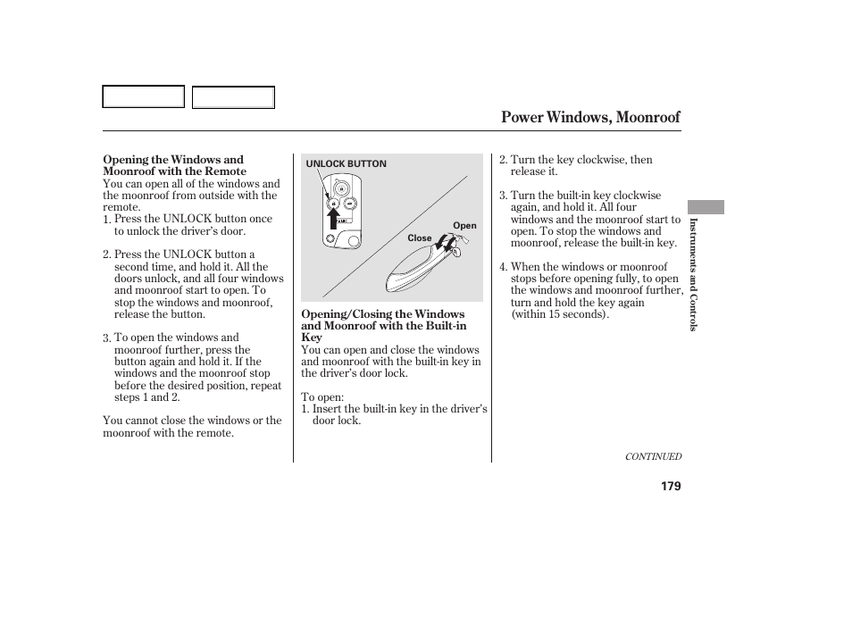 Power windows, moonroof | Acura 2006 RL - Owner's Manual User Manual | Page 180 / 454