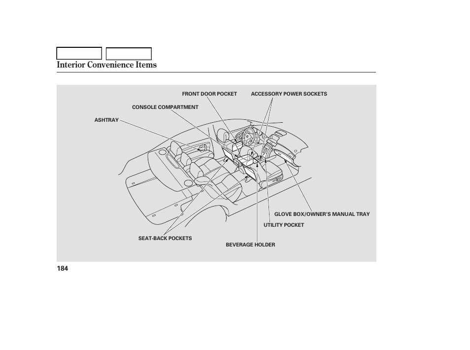 Interior convenience items | Acura 2006 RL - Owner's Manual User Manual | Page 185 / 454