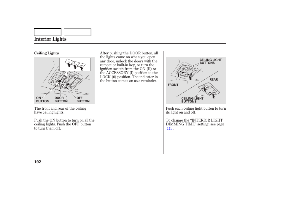 Interior lights | Acura 2006 RL - Owner's Manual User Manual | Page 193 / 454