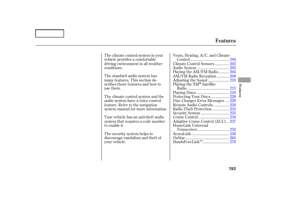 Features | Acura 2006 RL - Owner's Manual User Manual | Page 194 / 454