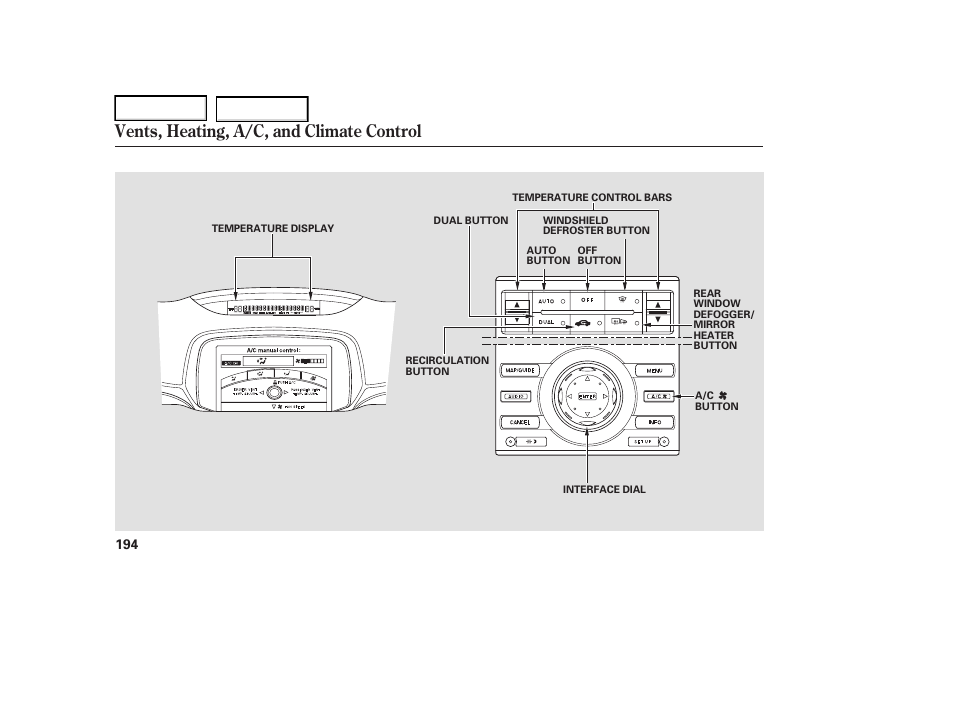 Vents, heating, a/c, and climate control | Acura 2006 RL - Owner's Manual User Manual | Page 195 / 454