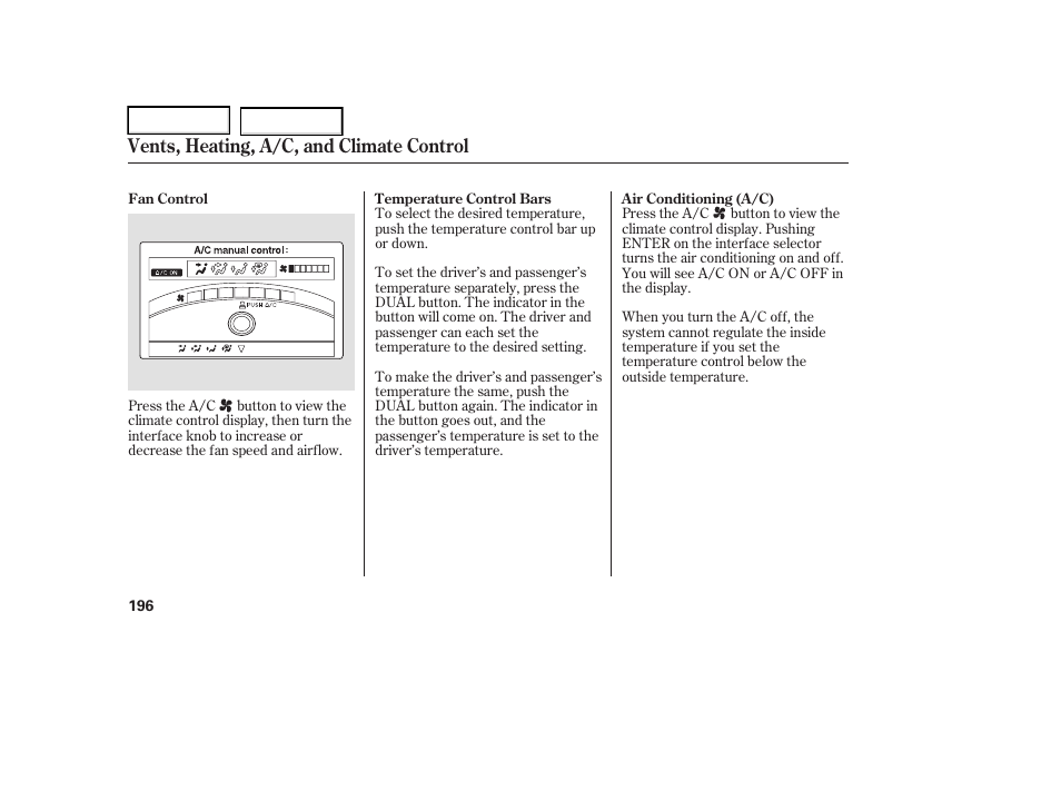 Vents, heating, a/c, and climate control | Acura 2006 RL - Owner's Manual User Manual | Page 197 / 454