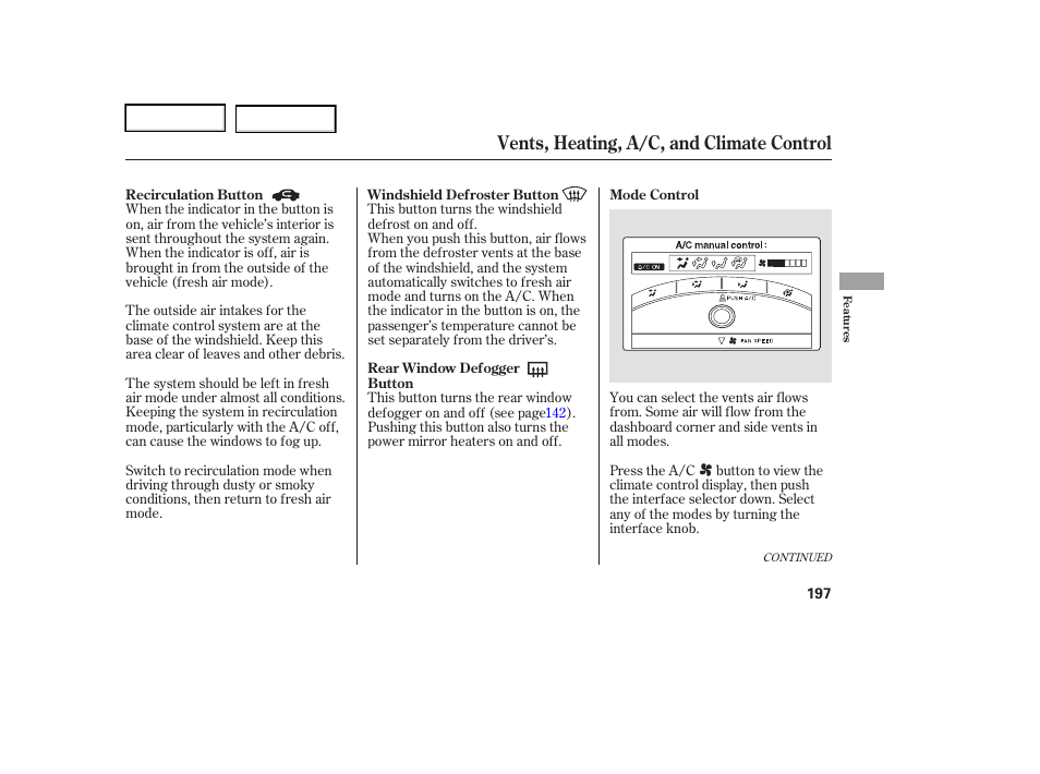 Vents, heating, a/c, and climate control | Acura 2006 RL - Owner's Manual User Manual | Page 198 / 454