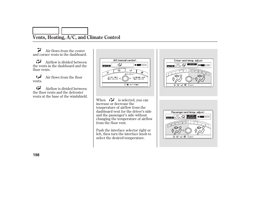 Vents, heating, a/c, and climate control | Acura 2006 RL - Owner's Manual User Manual | Page 199 / 454