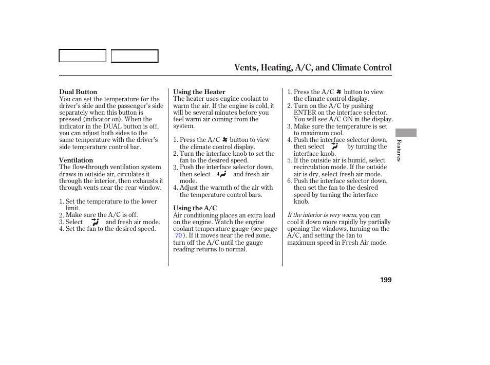 Vents, heating, a/c, and climate control | Acura 2006 RL - Owner's Manual User Manual | Page 200 / 454