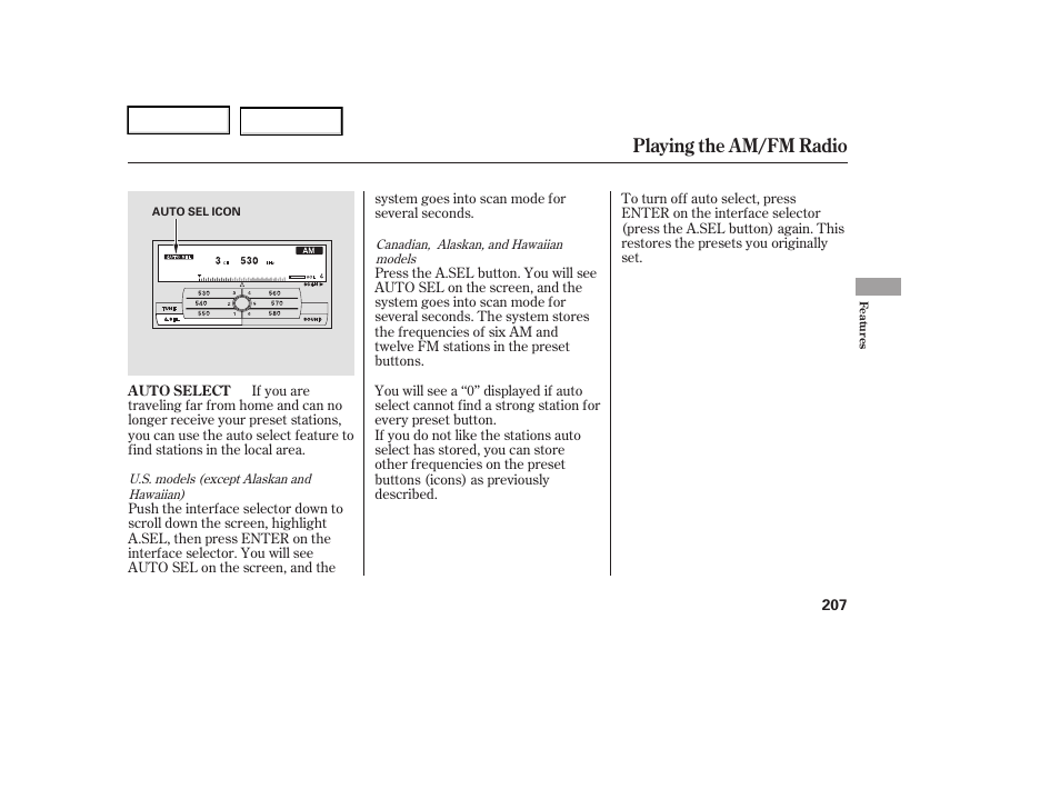 Playing the am/fm radio | Acura 2006 RL - Owner's Manual User Manual | Page 208 / 454