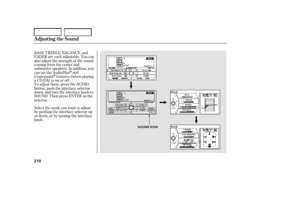 Adjusting the sound | Acura 2006 RL - Owner's Manual User Manual | Page 211 / 454