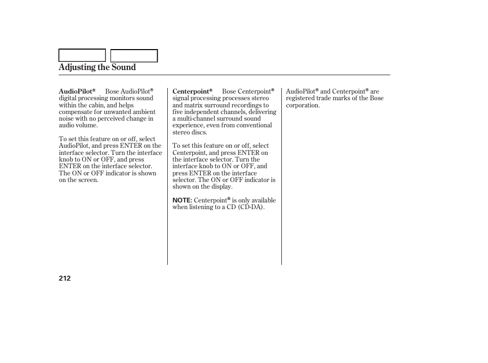 Adjusting the sound | Acura 2006 RL - Owner's Manual User Manual | Page 213 / 454