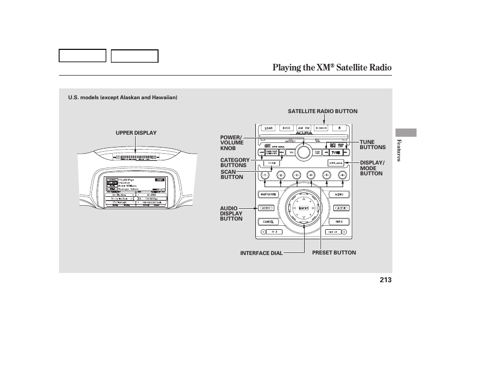 Playing the xm satellite radio | Acura 2006 RL - Owner's Manual User Manual | Page 214 / 454