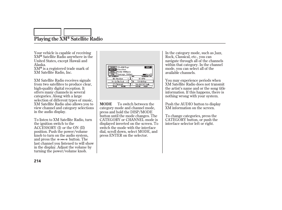 Playing the xm satellite radio | Acura 2006 RL - Owner's Manual User Manual | Page 215 / 454