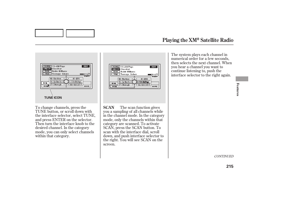 Playing the xm satellite radio | Acura 2006 RL - Owner's Manual User Manual | Page 216 / 454