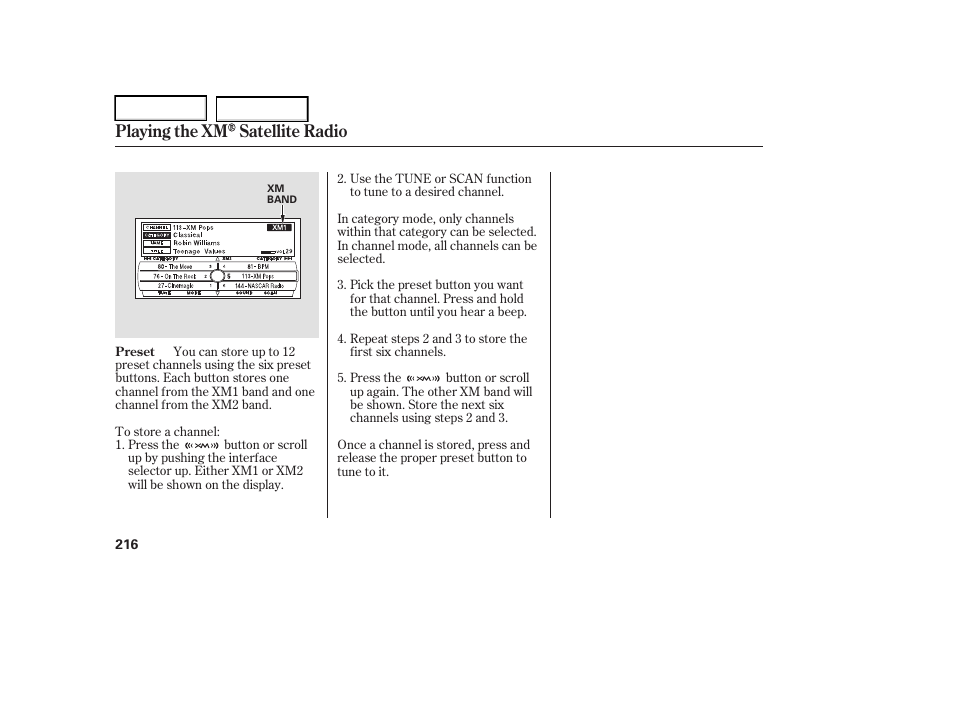 Playing the xm satellite radio | Acura 2006 RL - Owner's Manual User Manual | Page 217 / 454