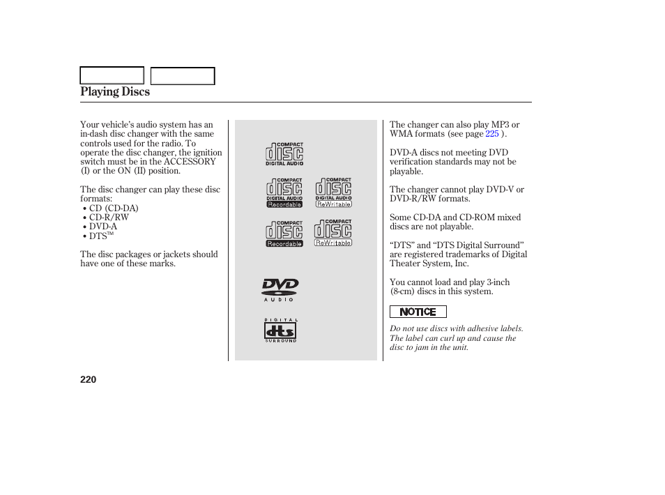 Playing discs | Acura 2006 RL - Owner's Manual User Manual | Page 221 / 454