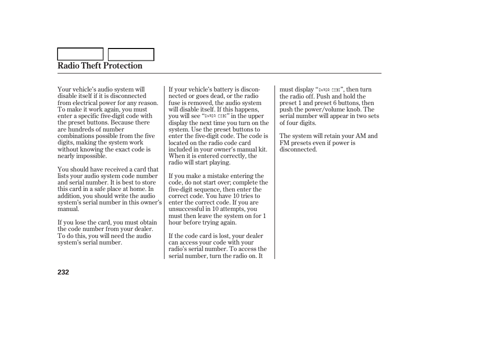 Radio theft protection | Acura 2006 RL - Owner's Manual User Manual | Page 233 / 454