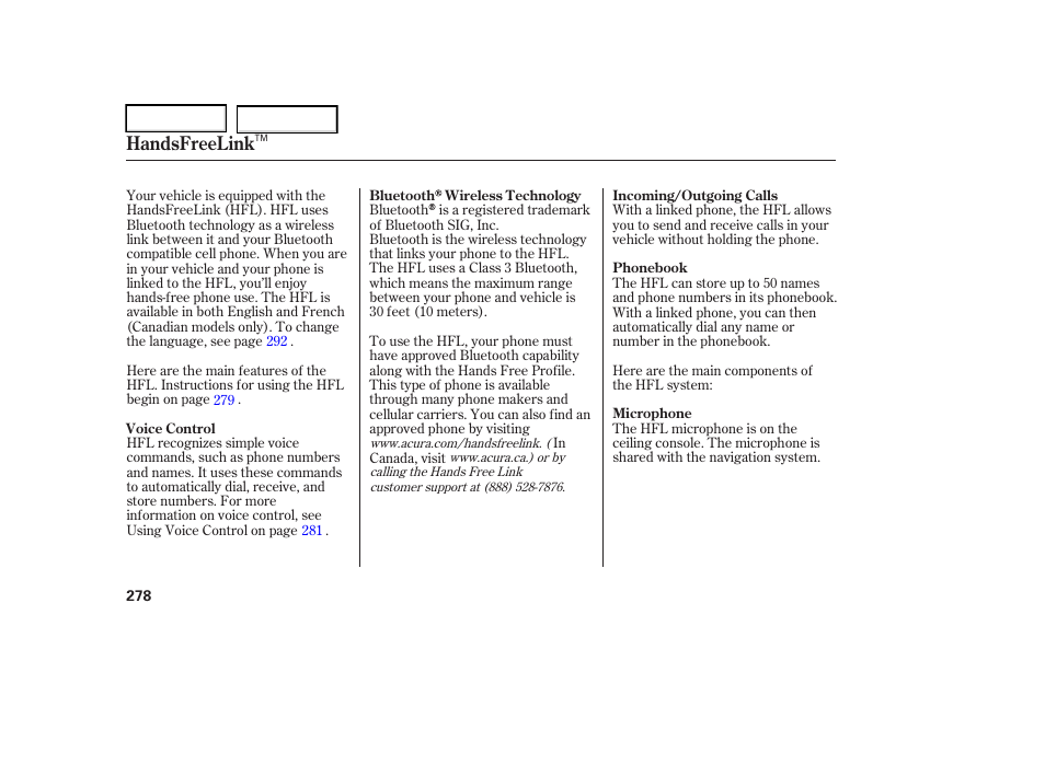 Handsfreelink | Acura 2006 RL - Owner's Manual User Manual | Page 279 / 454