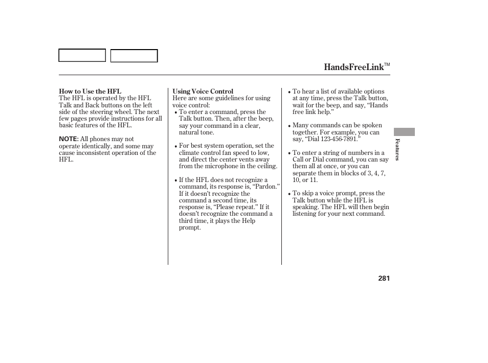 Handsfreelink | Acura 2006 RL - Owner's Manual User Manual | Page 282 / 454