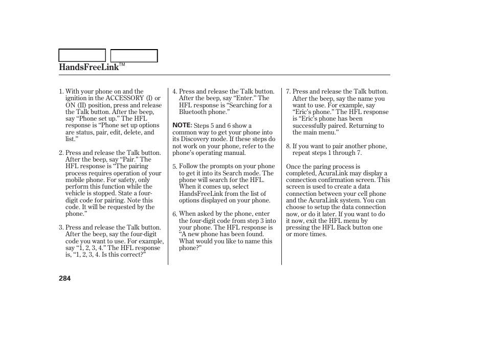 Handsfreelink | Acura 2006 RL - Owner's Manual User Manual | Page 285 / 454