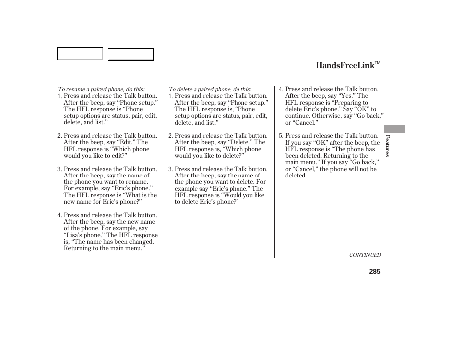 Handsfreelink | Acura 2006 RL - Owner's Manual User Manual | Page 286 / 454