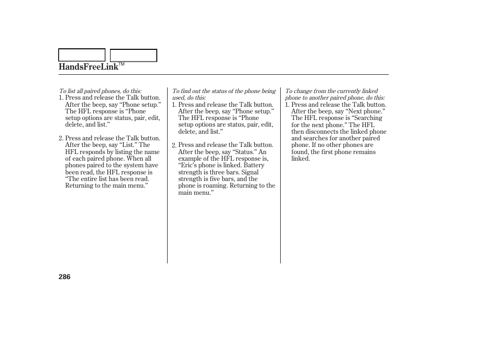 Handsfreelink | Acura 2006 RL - Owner's Manual User Manual | Page 287 / 454