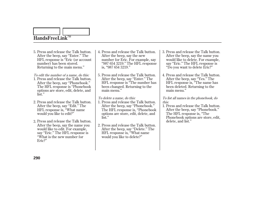 Handsfreelink | Acura 2006 RL - Owner's Manual User Manual | Page 291 / 454