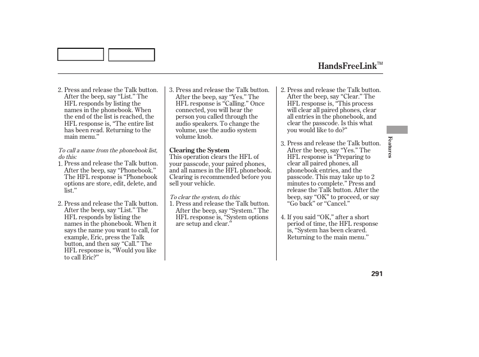 Handsfreelink | Acura 2006 RL - Owner's Manual User Manual | Page 292 / 454