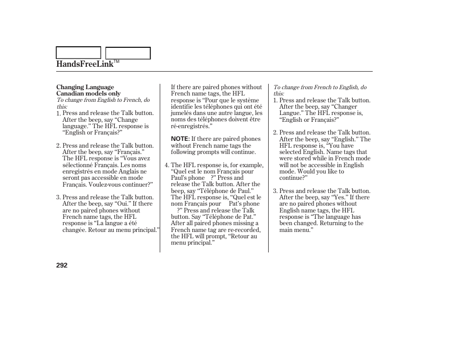 Handsfreelink | Acura 2006 RL - Owner's Manual User Manual | Page 293 / 454