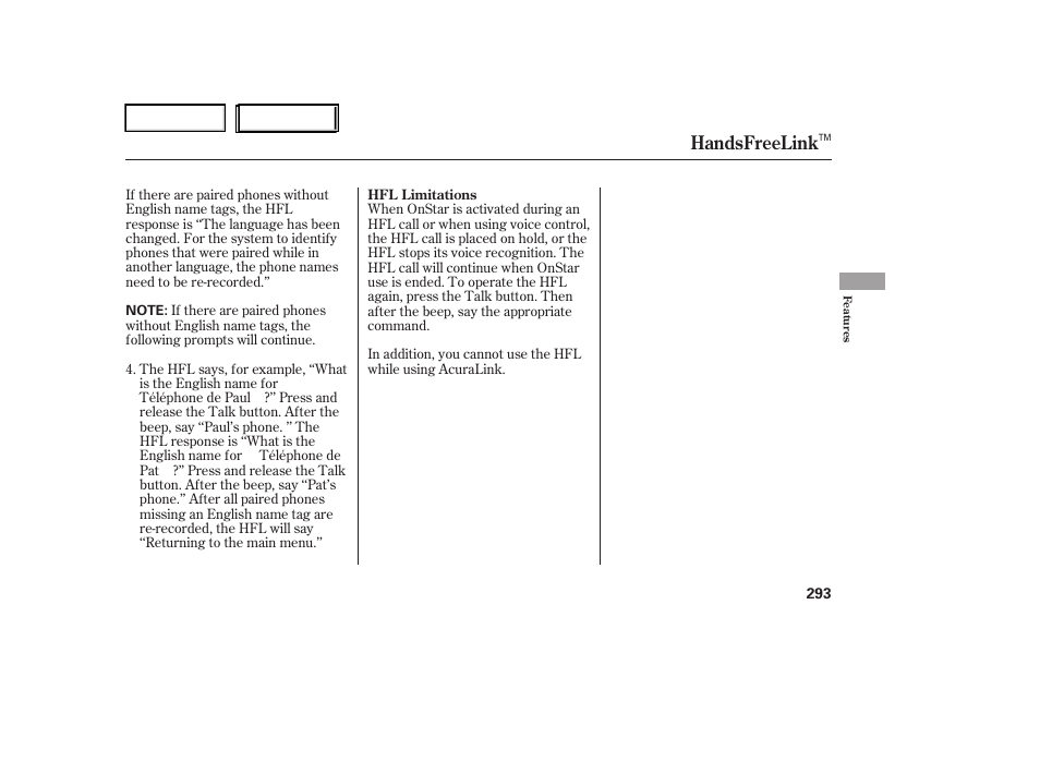 Handsfreelink | Acura 2006 RL - Owner's Manual User Manual | Page 294 / 454