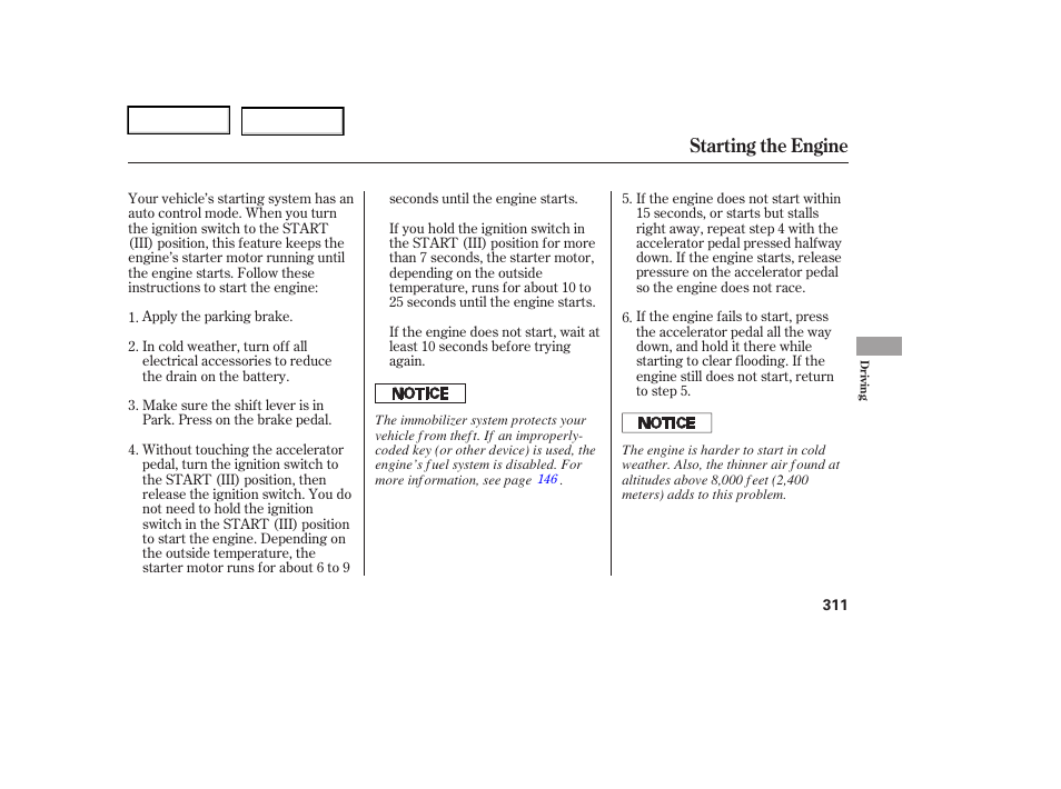 Starting the engine | Acura 2006 RL - Owner's Manual User Manual | Page 312 / 454