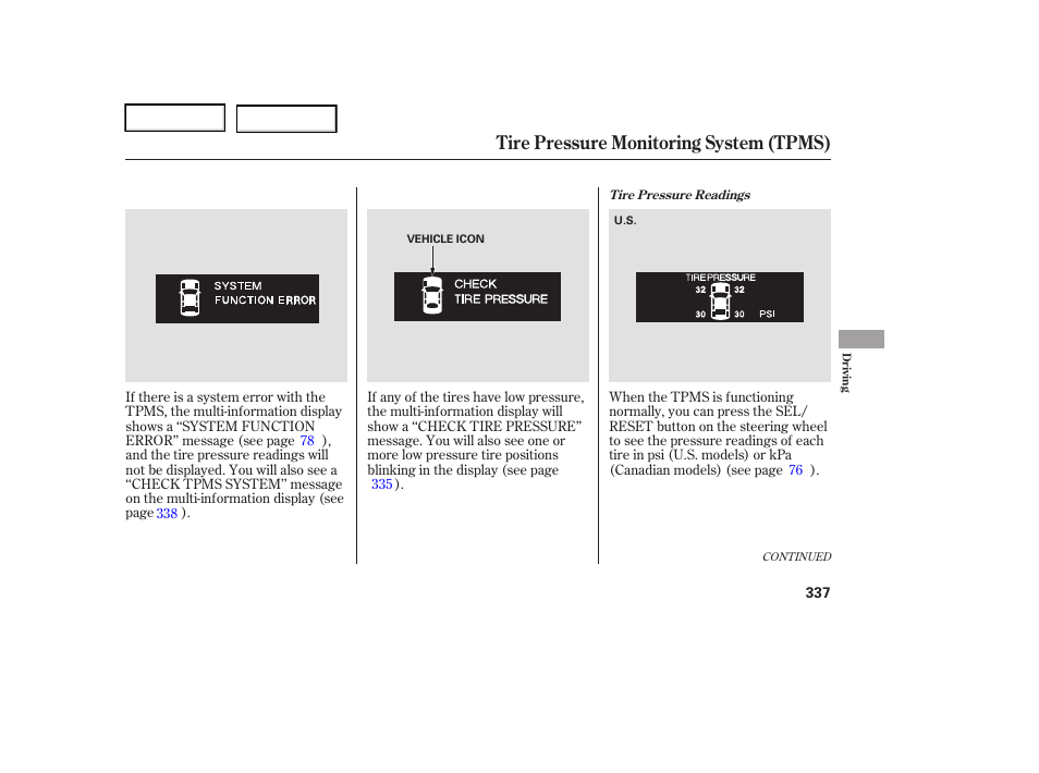 Tire pressure monitoring system (tpms) | Acura 2006 RL - Owner's Manual User Manual | Page 338 / 454