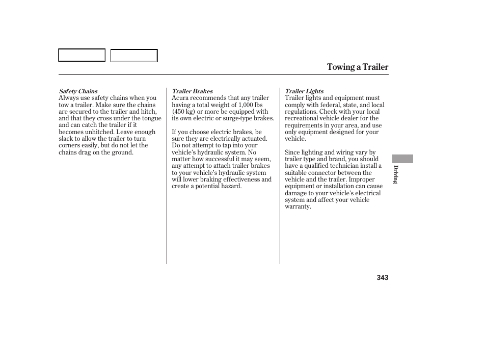 Towing a trailer | Acura 2006 RL - Owner's Manual User Manual | Page 344 / 454